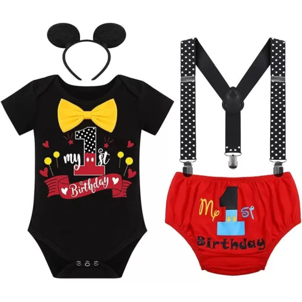 Baby Boys Half 1st Birthday Cake Smash Outfit Bowtie Romper Suspenders Shorts Headband Party Costume for Photo Shoot 618M003 Black 1st Birthday 4pcs