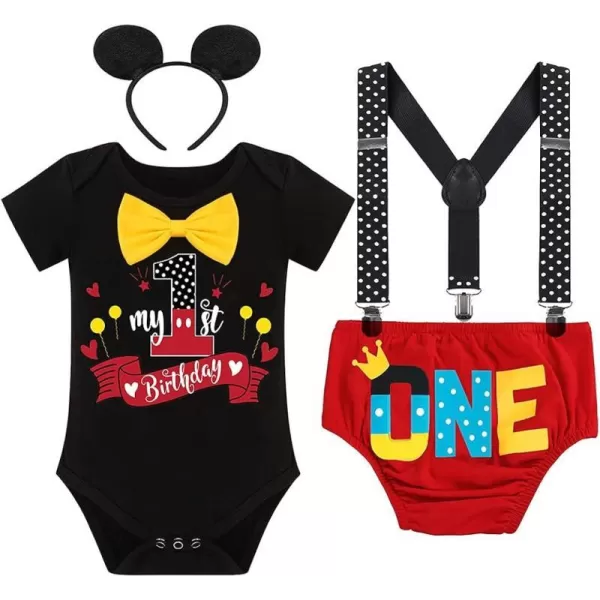 Baby Boys Half 1st Birthday Cake Smash Outfit Bowtie Romper Suspenders Shorts Headband Party Costume for Photo Shoot 618M003 Black 1st Birthday One 4pcs