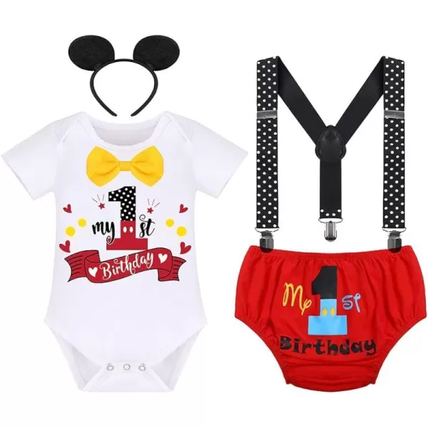 Baby Boys Half 1st Birthday Cake Smash Outfit Bowtie Romper Suspenders Shorts Headband Party Costume for Photo Shoot 618M003 White 1st Birthday 4pcs