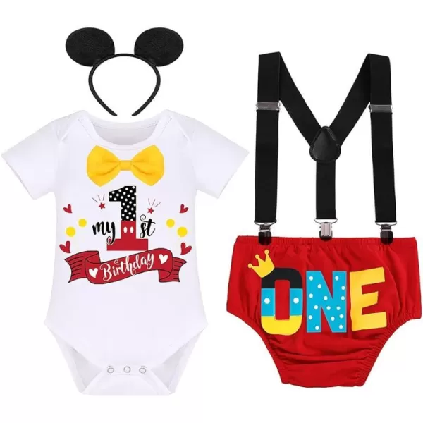 Baby Boys Half 1st Birthday Cake Smash Outfit Bowtie Romper Suspenders Shorts Headband Party Costume for Photo Shoot 618M003 White 1st Birthday One 4pcs