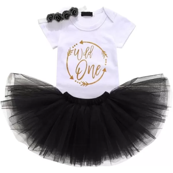 Baby Girl First Birthday Clothes 1st Crown RomperRuffle Tulle SkirtBow Headband 3PCS Party Dress Set Smash Cake OutfitBlack  Wild One