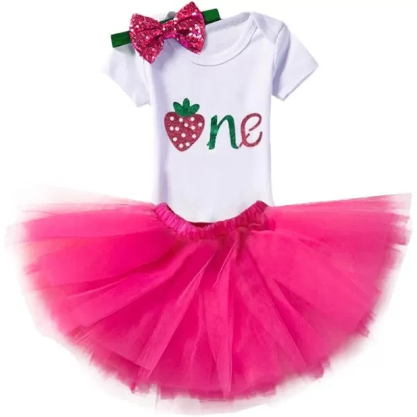 Baby Girl First Birthday Clothes 1st Crown RomperRuffle Tulle SkirtBow Headband 3PCS Party Dress Set Smash Cake OutfitHot Pink  Strawberry