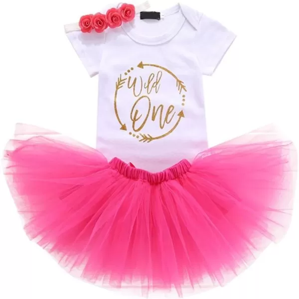 Baby Girl First Birthday Clothes 1st Crown RomperRuffle Tulle SkirtBow Headband 3PCS Party Dress Set Smash Cake OutfitHot Pink  Wild One