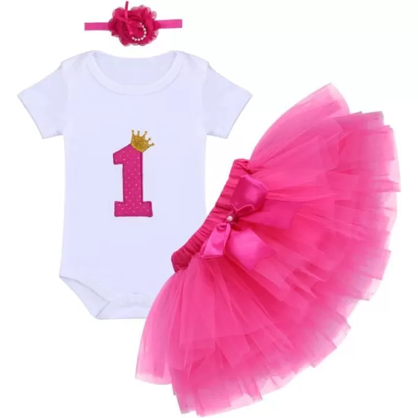 Baby Girl First Birthday Clothes 1st Crown RomperRuffle Tulle SkirtBow Headband 3PCS Party Dress Set Smash Cake OutfitHot Pink