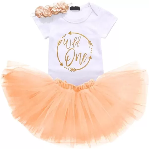 Baby Girl First Birthday Clothes 1st Crown RomperRuffle Tulle SkirtBow Headband 3PCS Party Dress Set Smash Cake OutfitPeach  Wild One