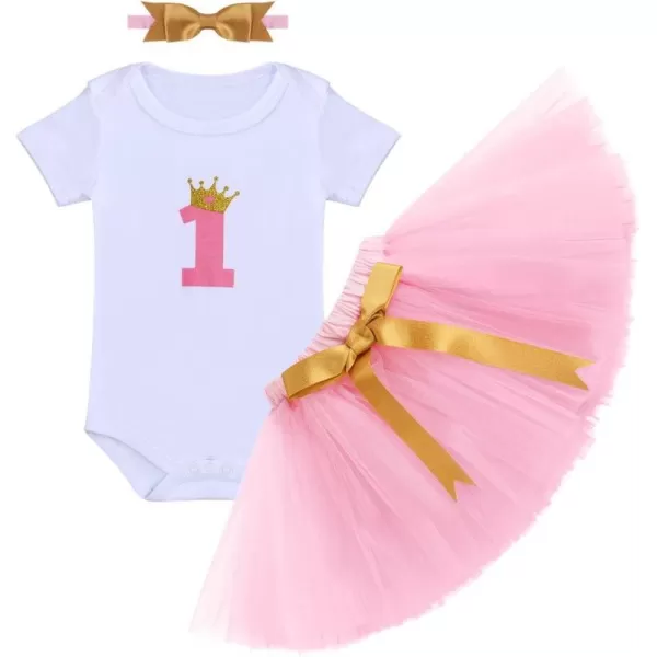 Baby Girl First Birthday Clothes 1st Crown RomperRuffle Tulle SkirtBow Headband 3PCS Party Dress Set Smash Cake OutfitPink  Golden Bow