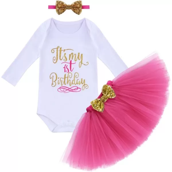 Baby Girl First Birthday Clothes 1st Crown RomperRuffle Tulle SkirtBow Headband 3PCS Party Dress Set Smash Cake OutfitPink  White