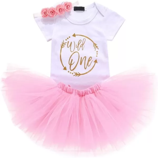 Baby Girl First Birthday Clothes 1st Crown RomperRuffle Tulle SkirtBow Headband 3PCS Party Dress Set Smash Cake OutfitPink  Wild One