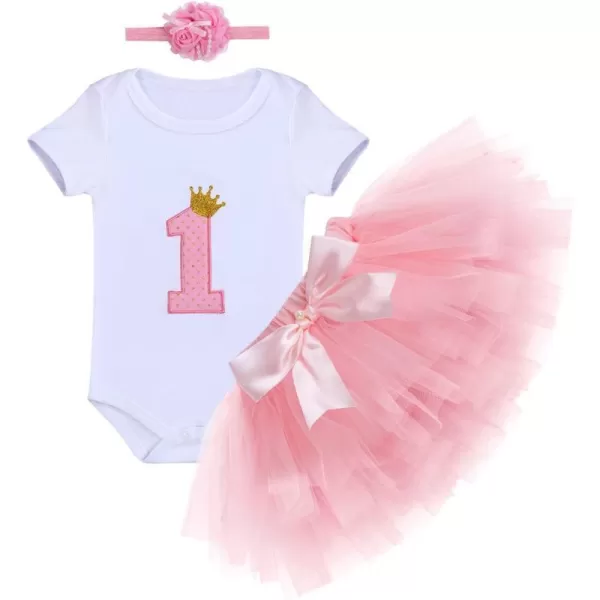 Baby Girl First Birthday Clothes 1st Crown RomperRuffle Tulle SkirtBow Headband 3PCS Party Dress Set Smash Cake OutfitPink