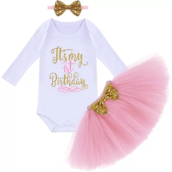 Baby Girl First Birthday Clothes 1st Crown RomperRuffle Tulle SkirtBow Headband 3PCS Party Dress Set Smash Cake OutfitPink Long Sleeve