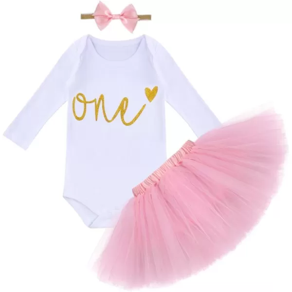 Baby Girl First Birthday Clothes 1st Crown RomperRuffle Tulle SkirtBow Headband 3PCS Party Dress Set Smash Cake OutfitPink One  Long Sleeve