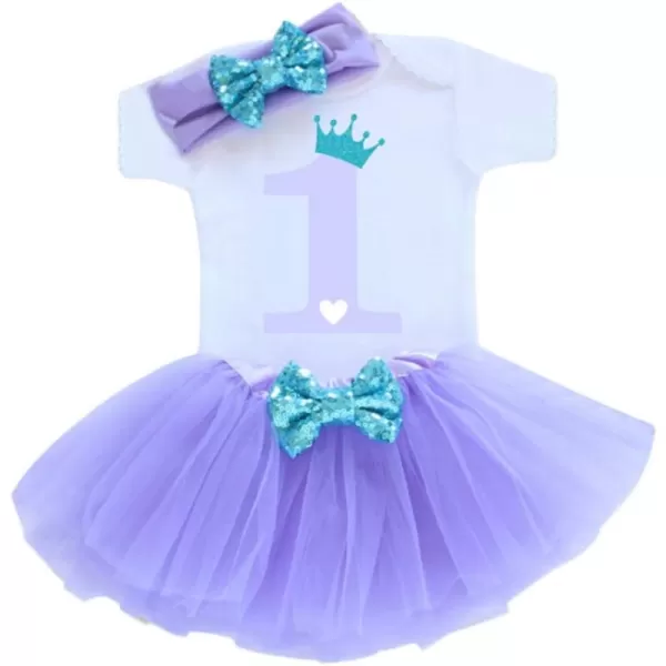 Baby Girl First Birthday Clothes 1st Crown RomperRuffle Tulle SkirtBow Headband 3PCS Party Dress Set Smash Cake OutfitPurple  Blue 1