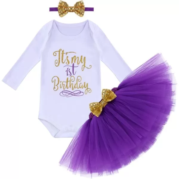 Baby Girl First Birthday Clothes 1st Crown RomperRuffle Tulle SkirtBow Headband 3PCS Party Dress Set Smash Cake OutfitPurple Long Sleeve