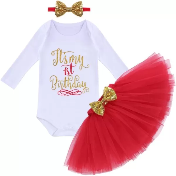 Baby Girl First Birthday Clothes 1st Crown RomperRuffle Tulle SkirtBow Headband 3PCS Party Dress Set Smash Cake OutfitRed Long Sleeve