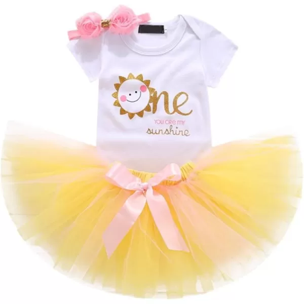 Baby Girl First Birthday Clothes 1st Crown RomperRuffle Tulle SkirtBow Headband 3PCS Party Dress Set Smash Cake OutfitYellow  Sunshine