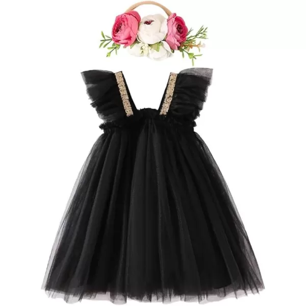 Baby Girl Tutu Dress Summer Sleeveless Backless Princess Birthday Party Dresses Sundress Skirt Set with Flower HeadbandBlack