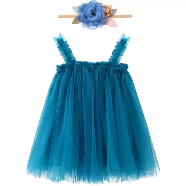 Baby Girl Tutu Dress Summer Sleeveless Backless Princess Birthday Party Dresses Sundress Skirt Set with Flower HeadbandBlue