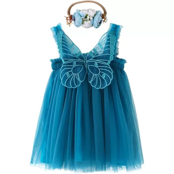 Baby Girl Tutu Dress Summer Sleeveless Backless Princess Birthday Party Dresses Sundress Skirt Set with Flower HeadbandBlue Butterfly