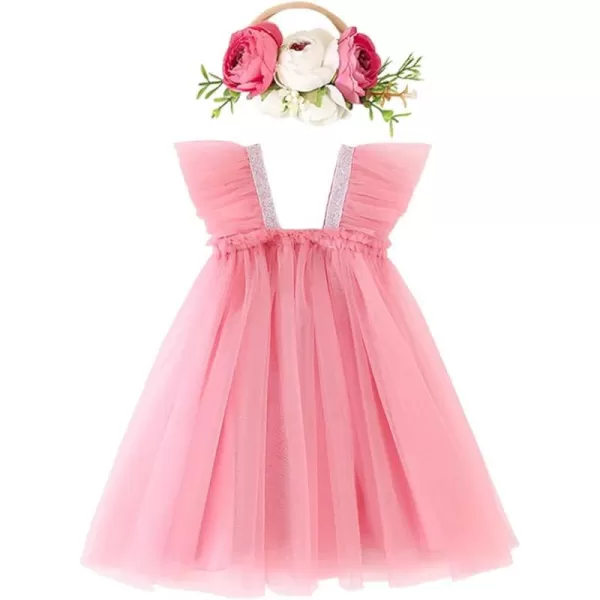 Baby Girl Tutu Dress Summer Sleeveless Backless Princess Birthday Party Dresses Sundress Skirt Set with Flower HeadbandDusty Pink