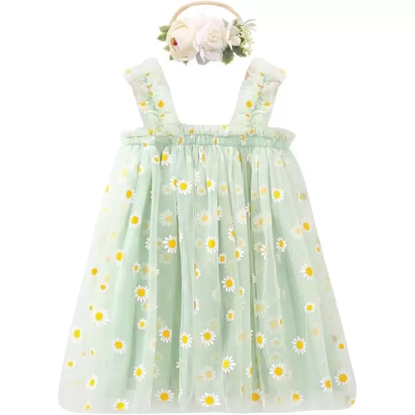 Baby Girl Tutu Dress Summer Sleeveless Backless Princess Birthday Party Dresses Sundress Skirt Set with Flower HeadbandGreen Daisy