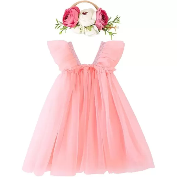 Baby Girl Tutu Dress Summer Sleeveless Backless Princess Birthday Party Dresses Sundress Skirt Set with Flower HeadbandPink