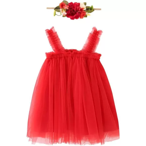 Baby Girl Tutu Dress Summer Sleeveless Backless Princess Birthday Party Dresses Sundress Skirt Set with Flower HeadbandRed