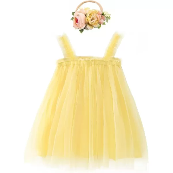 Baby Girl Tutu Dress Summer Sleeveless Backless Princess Birthday Party Dresses Sundress Skirt Set with Flower HeadbandYellow  Sling