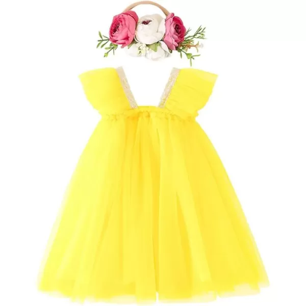 Baby Girl Tutu Dress Summer Sleeveless Backless Princess Birthday Party Dresses Sundress Skirt Set with Flower HeadbandYellow