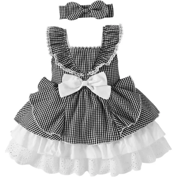 Baby Girl Tutu Dress Summer Sleeveless Plaid Princess Birthday Party Dresses Flower Bowknot Sundress with Headband SetBlack Plaid  Headband