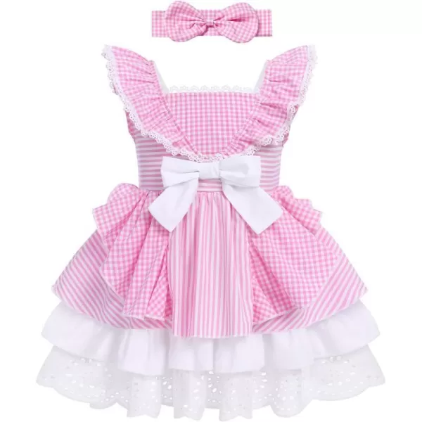 Baby Girl Tutu Dress Summer Sleeveless Plaid Princess Birthday Party Dresses Flower Bowknot Sundress with Headband SetPink Plaid  Headband