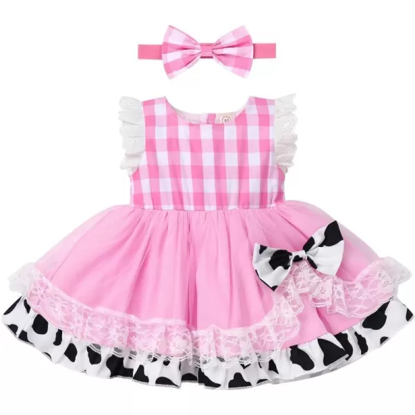 Baby Girl Tutu Dress Summer Sleeveless Plaid Princess Birthday Party Dresses Flower Bowknot Sundress with Headband SetPink Plaid Cow