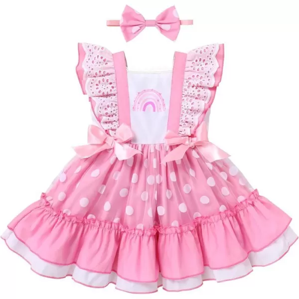 Baby Girl Tutu Dress Summer Sleeveless Plaid Princess Birthday Party Dresses Flower Bowknot Sundress with Headband SetPink Rainbow