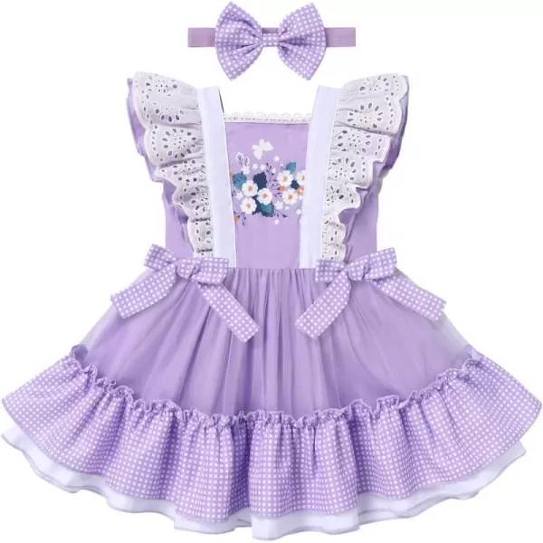 Baby Girl Tutu Dress Summer Sleeveless Plaid Princess Birthday Party Dresses Flower Bowknot Sundress with Headband SetPurple Floral