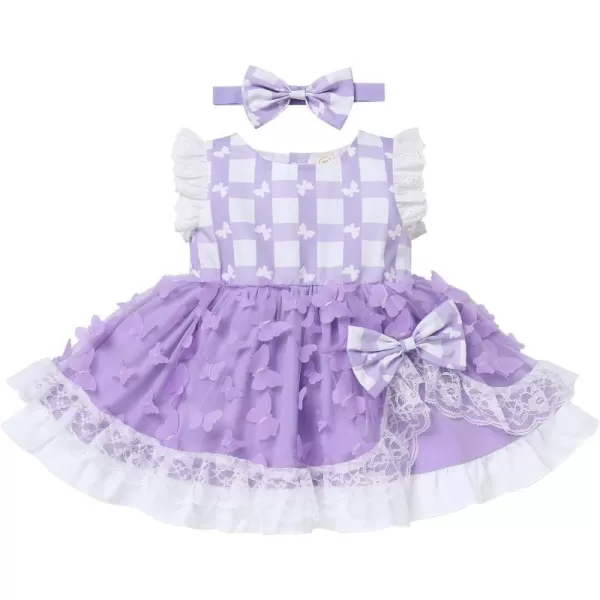 Baby Girl Tutu Dress Summer Sleeveless Plaid Princess Birthday Party Dresses Flower Bowknot Sundress with Headband SetPurple Plaid Butterfly