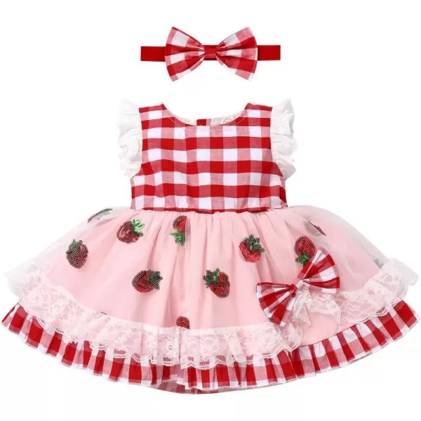 Baby Girl Tutu Dress Summer Sleeveless Plaid Princess Birthday Party Dresses Flower Bowknot Sundress with Headband SetRed Plaid Strawberry