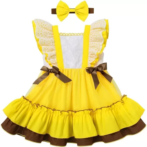 Baby Girl Tutu Dress Summer Sleeveless Plaid Princess Birthday Party Dresses Flower Bowknot Sundress with Headband SetYellow