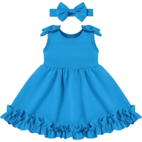 Baby Girl Tutu Dress Summer Sleeveless Ruffle Princess Birthday Party Dresses Flower Bowknot Sundress with Headband SetDark Blue  Headband