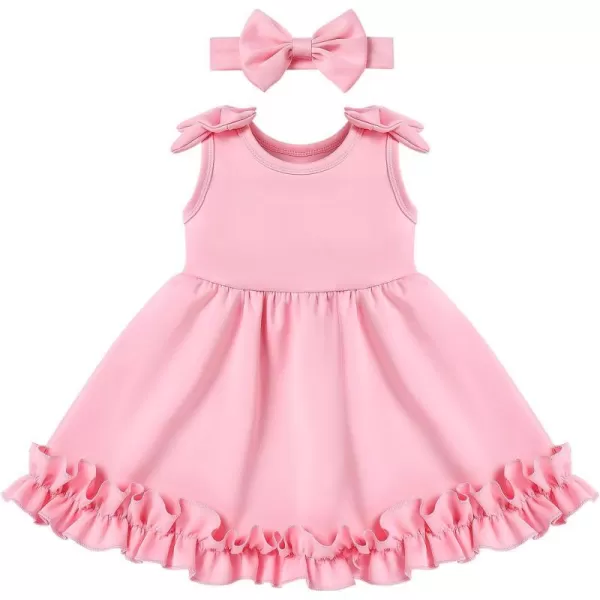 Baby Girl Tutu Dress Summer Sleeveless Ruffle Princess Birthday Party Dresses Flower Bowknot Sundress with Headband SetPink  Headband