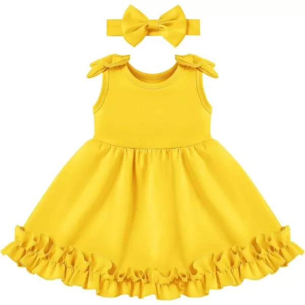 Baby Girl Tutu Dress Summer Sleeveless Ruffle Princess Birthday Party Dresses Flower Bowknot Sundress with Headband SetYellow  Headband