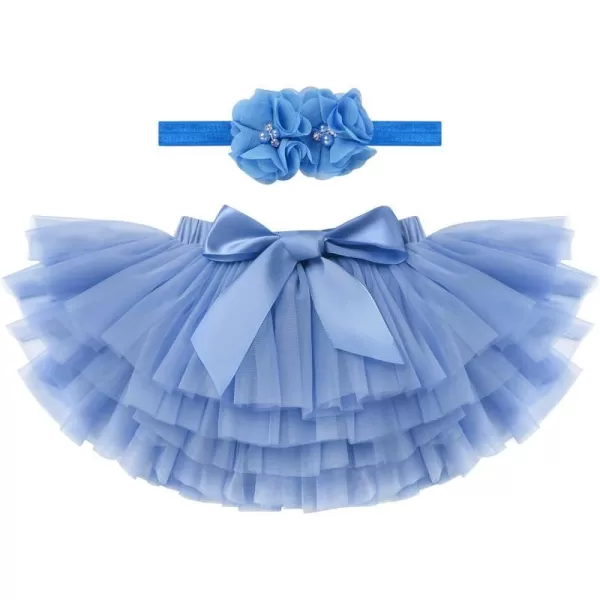 Baby Girl Tutu Skirt with Diaper Cover Toddler Girls Tulle Bloomers and Headband First Birthday Cake Smash Outfits 03TDusty Blue