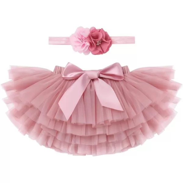 Baby Girl Tutu Skirt with Diaper Cover Toddler Girls Tulle Bloomers and Headband First Birthday Cake Smash Outfits 03TDusty Pink