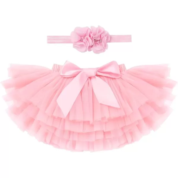 Baby Girl Tutu Skirt with Diaper Cover Toddler Girls Tulle Bloomers and Headband First Birthday Cake Smash Outfits 03TPink