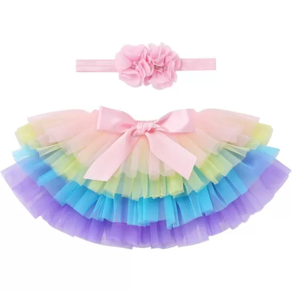 Baby Girl Tutu Skirt with Diaper Cover Toddler Girls Tulle Bloomers and Headband First Birthday Cake Smash Outfits 03TRainbow