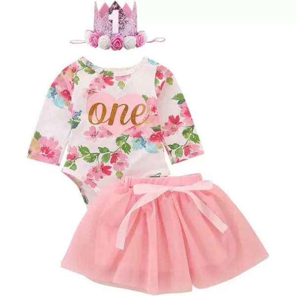 Baby Girls 1st Birthday Outfit Floral One Heart Romper Tutu Skirt Sequins Headband Party Dress Cake Smash Clothes SetPink  Long Sleeve