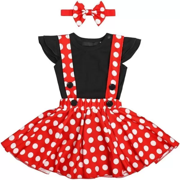 Baby Girls 1st Birthday Outfit Romper Polka Dot Dress Suspender Tutu Skirt Headband 3Pcs Clothes Set for Photo ShootBlack  Red