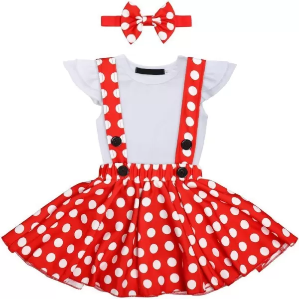 Baby Girls 1st Birthday Outfit Romper Polka Dot Dress Suspender Tutu Skirt Headband 3Pcs Clothes Set for Photo ShootWhite  Red