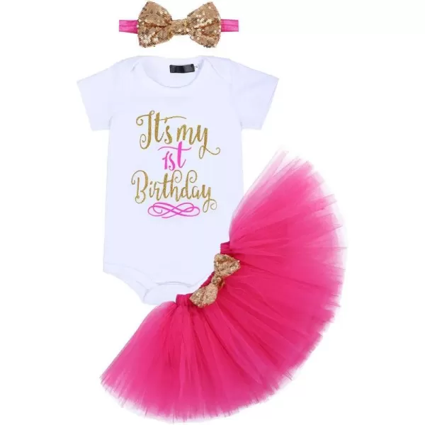 Baby Girls Birthday Outfit RomperRuffle Tulle SkirtSequins Bow Headband Valentines Cake Smash Dress Clothes 3Pcs SetHot Pink 1st Birthday