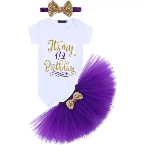 Baby Girls Birthday Outfit RomperRuffle Tulle SkirtSequins Bow Headband Valentines Cake Smash Dress Clothes 3Pcs SetPurple 12 Birthday