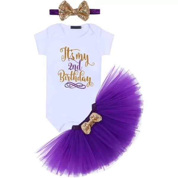 Baby Girls Birthday Outfit RomperRuffle Tulle SkirtSequins Bow Headband Valentines Cake Smash Dress Clothes 3Pcs SetPurple 2nd Birthday