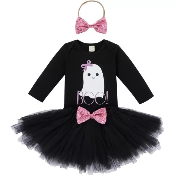 Baby Girls First Halloween Pumpkin Ghost Dress up Costume Long Sleeve Romper Tutu Skrit Sequin Headband Outift Clothes SetBlack Ghost